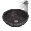 Round Black Granite Stone Bathroom Sink with matching faucet and umbrella drain