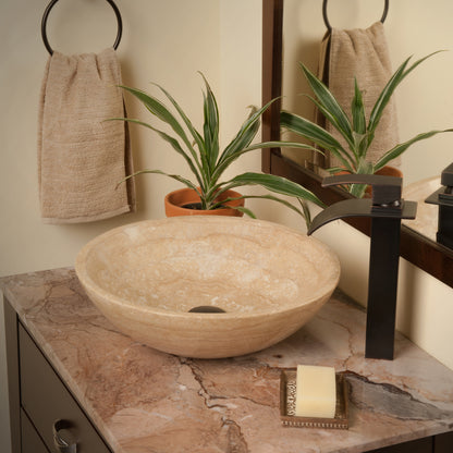 beige travertine vessel stone sink lifestyle