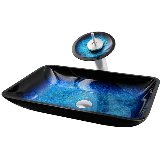 Rectangle Blue Glass Vessel Bathroom sink set