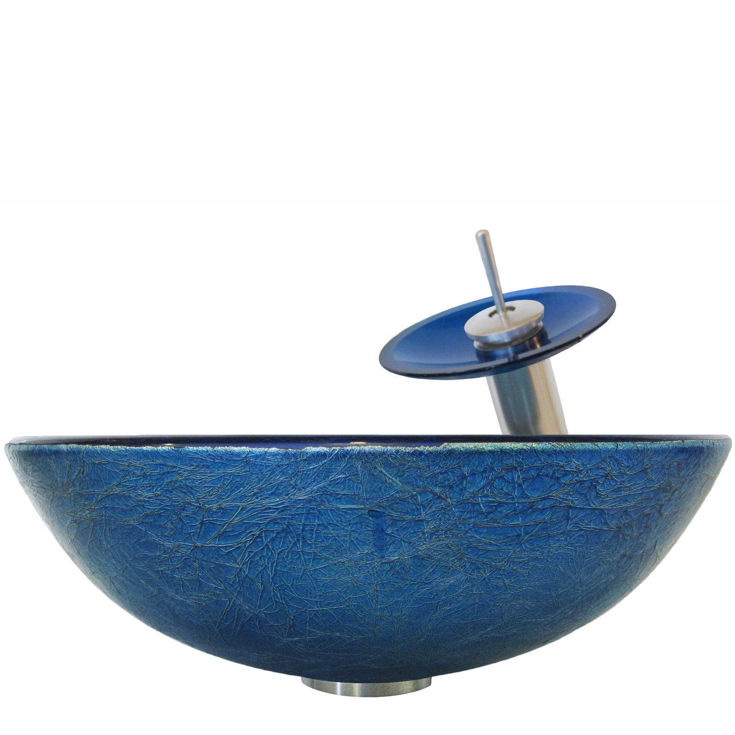 Blue Foil Painted Glass Vessel Sink with Matching Faucet, Drain and Mounting Ring