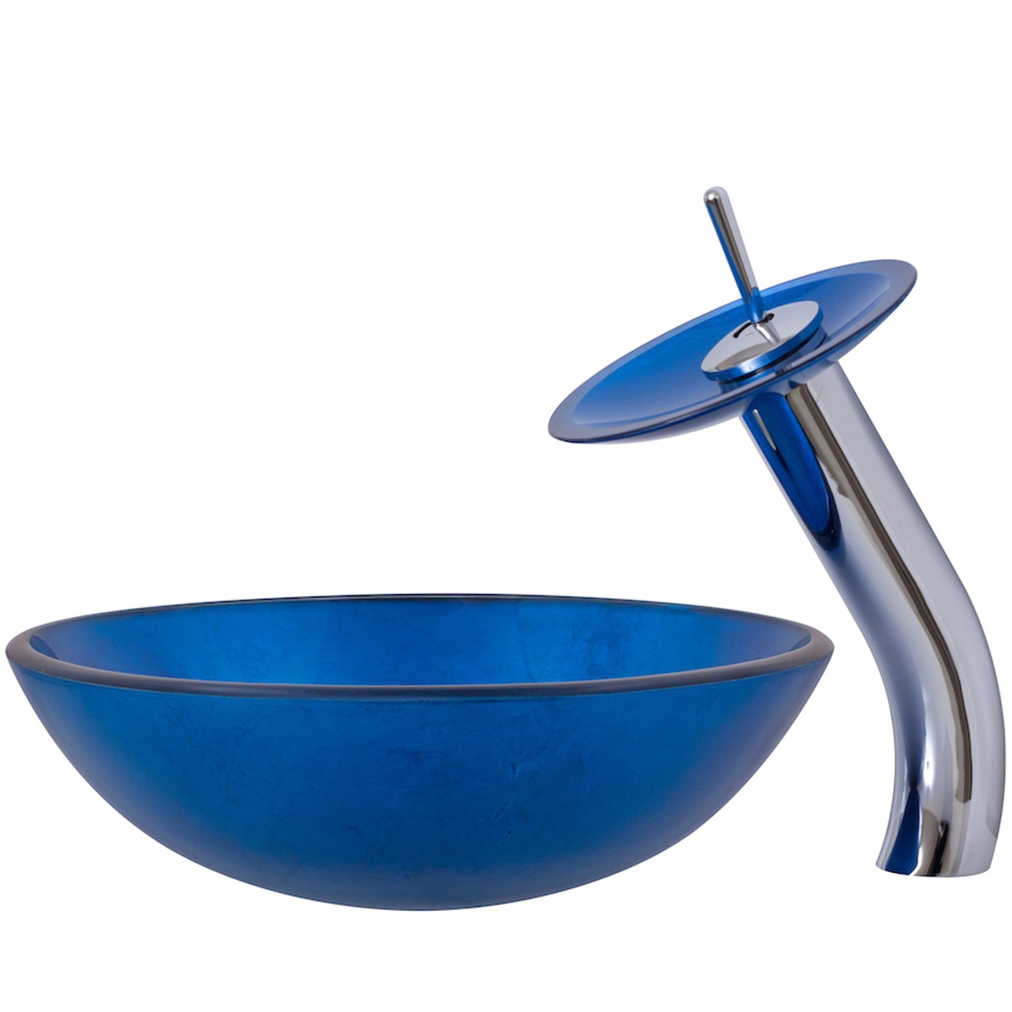 Blue Foil Painted Glass Vessel Sink with Matching Faucet, Drain and Mounting Ring