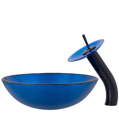 Blue Foil Painted Glass Vessel Sink with Matching Faucet, Drain and Mounting Ring