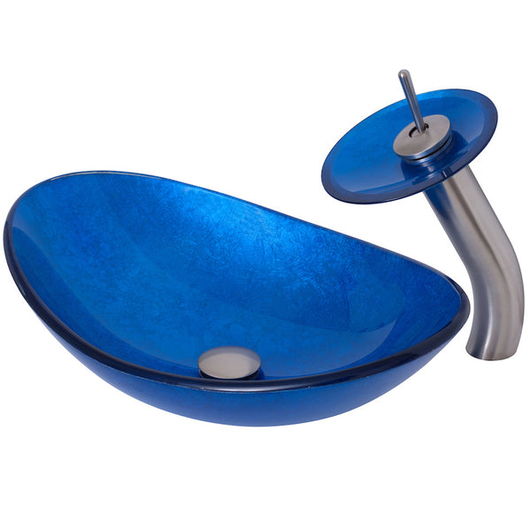 Modern blue foiled glass bathroom sink combo by Novatto, featuring a sleek glass sink in a three-quarter view.