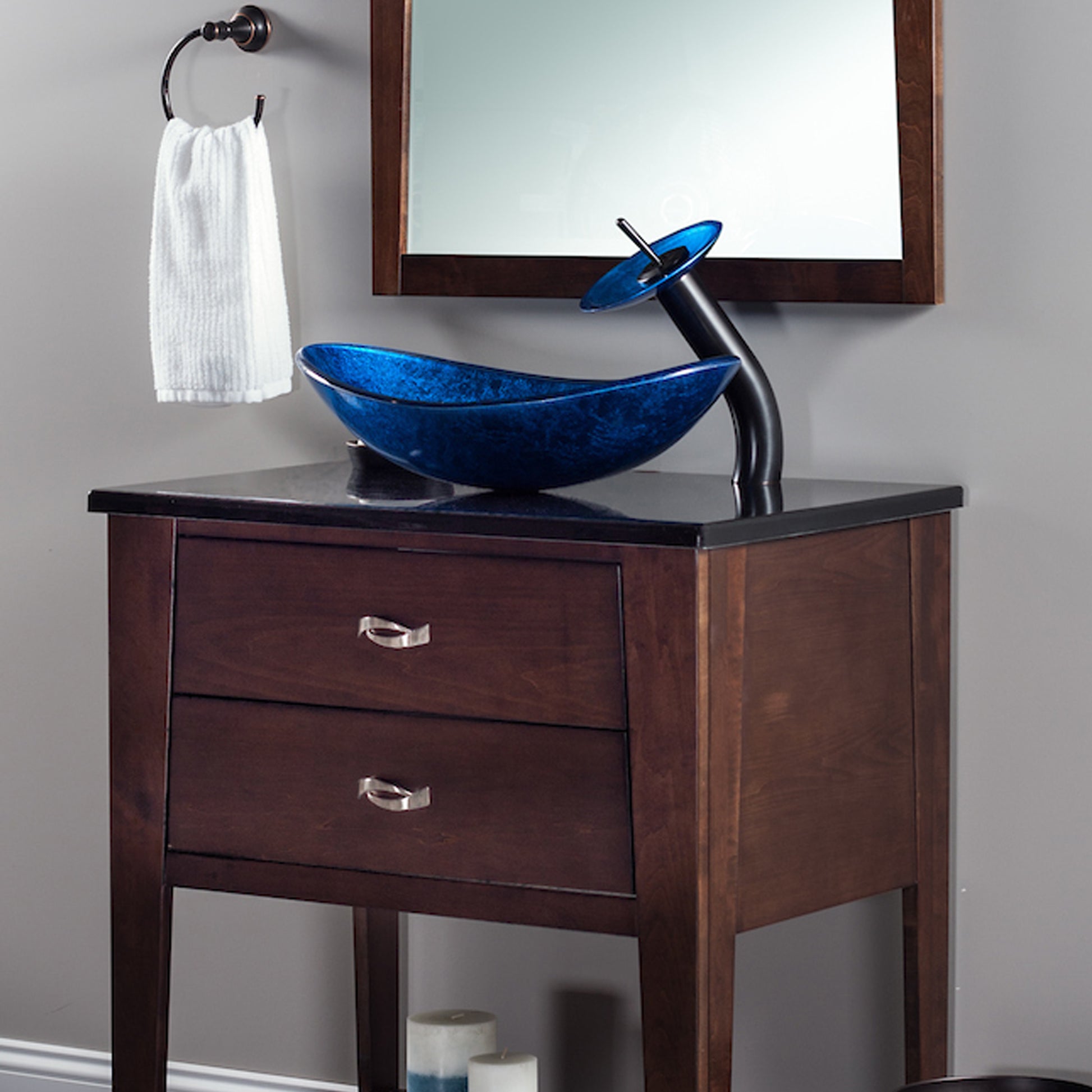 blue glass oval vessel sink set lifestyle