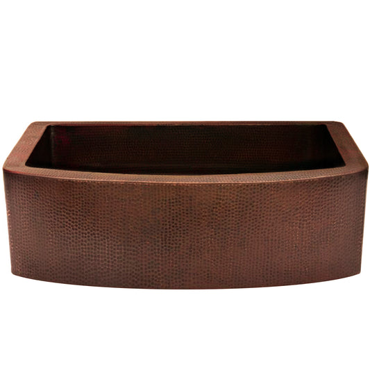 Curved front copper kitchen sink by Novatto, TCK-008AN, front view showing smooth copper finish and modern design.
