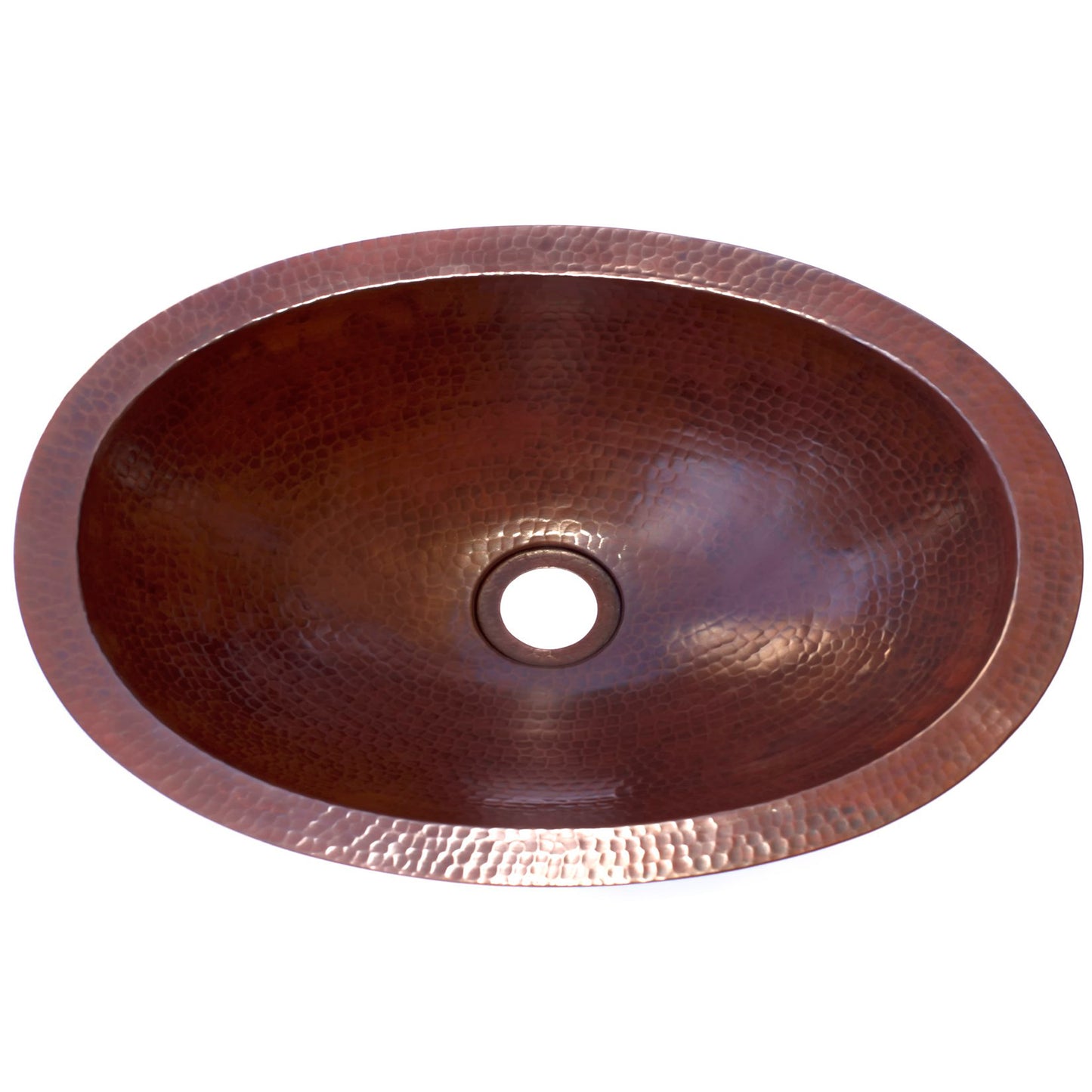 Oval copper undermount bath sink by Novatto, traditional bathroom style with antique finish, top view showing smooth interior and rim.