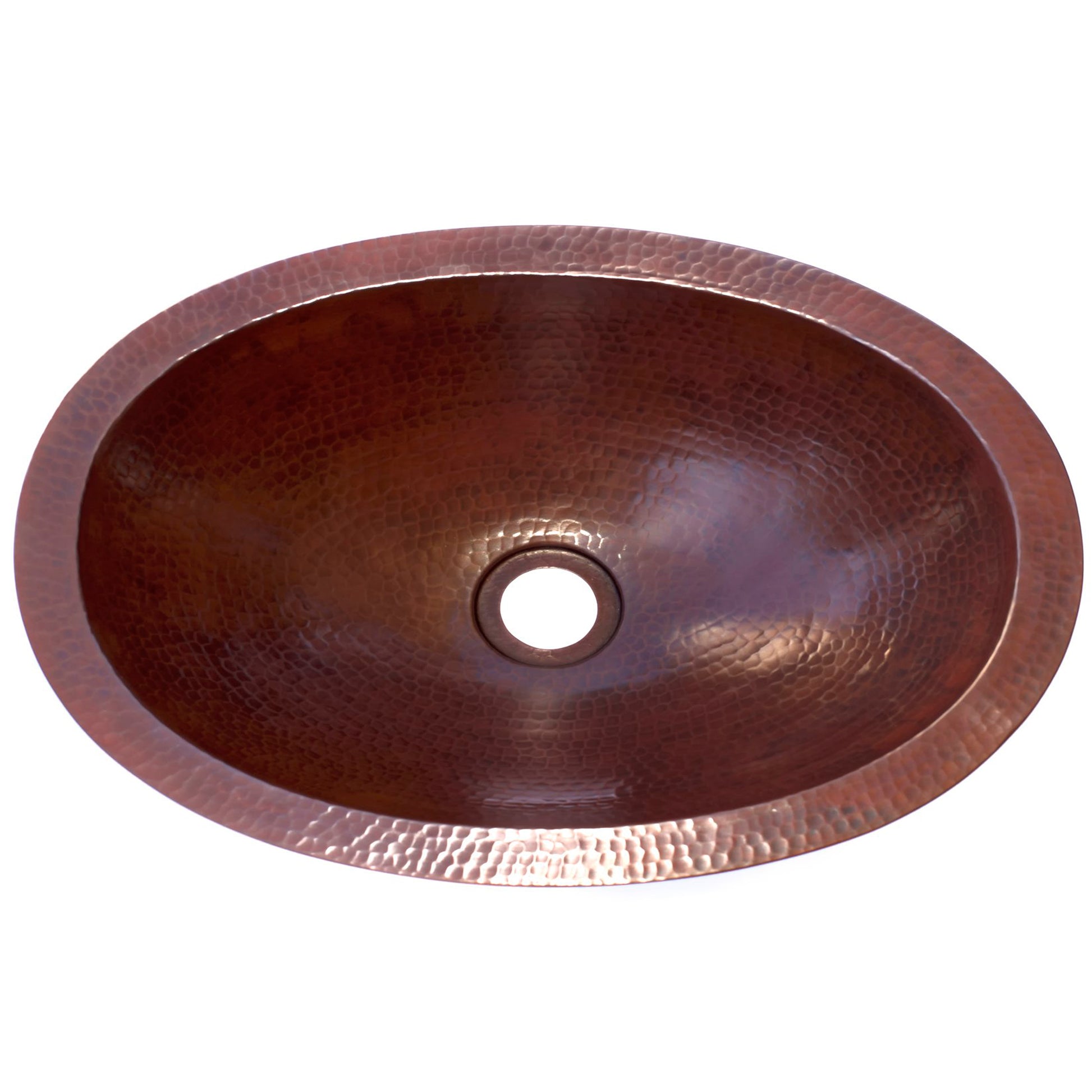 Oval copper undermount bath sink by Novatto, traditional bathroom style with antique finish, top view showing smooth interior and rim.