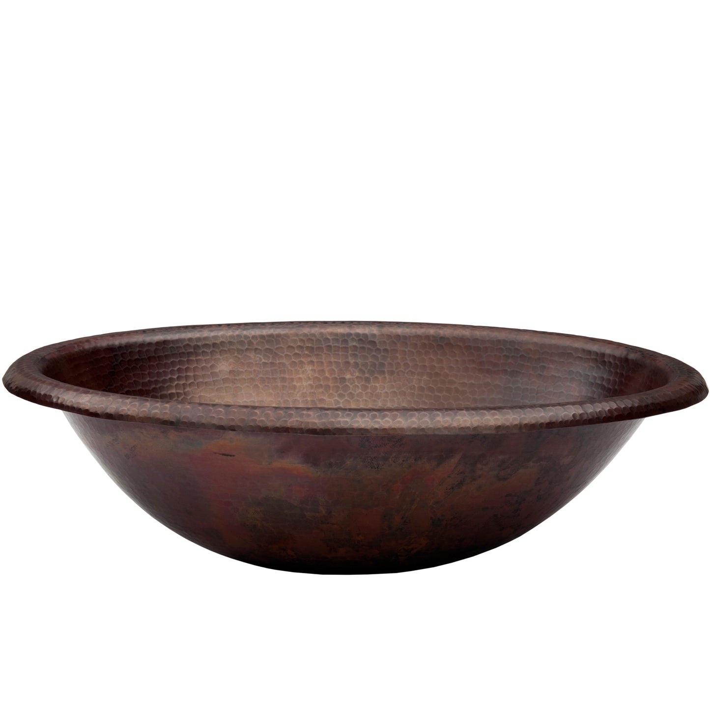 Traditional oval copper drop-in bath sink with rolled rim in antique finish, side view showing smooth curves and polished surface.