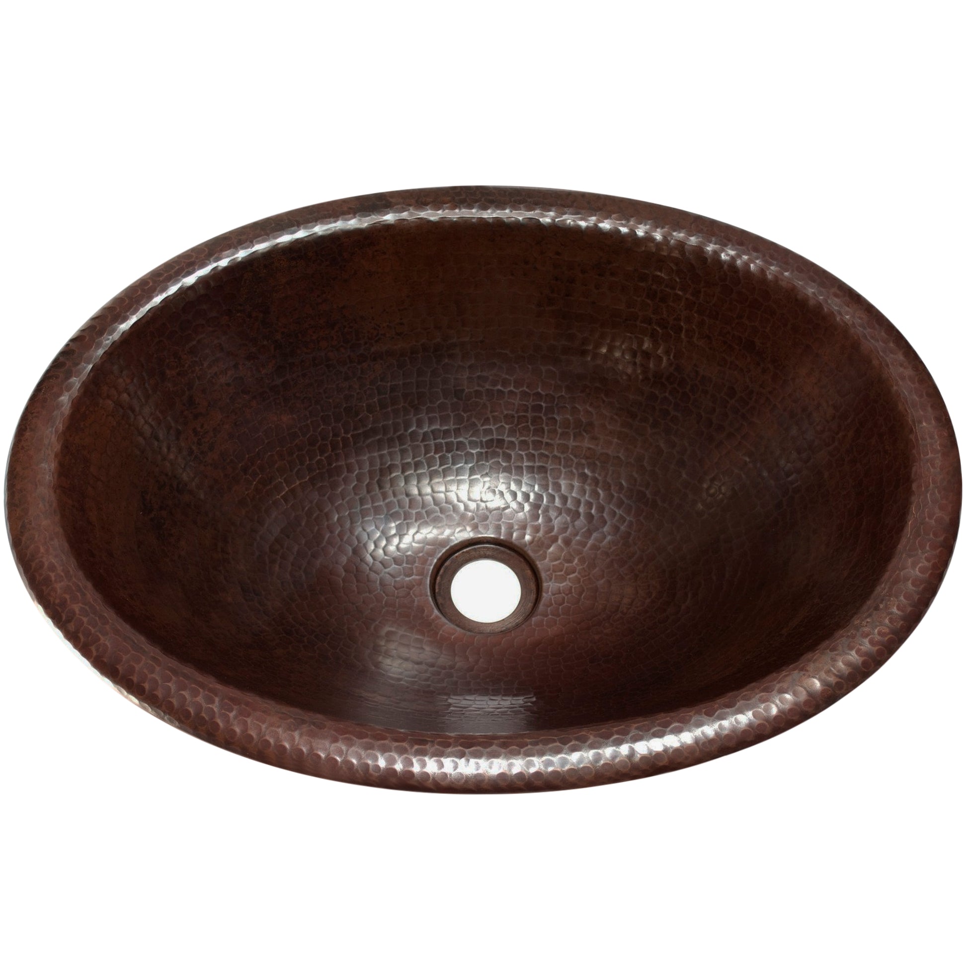 Top view of Novatto oval rolled rim antique copper drop-in bathroom sink, traditional style with smooth finish and rounded edges.