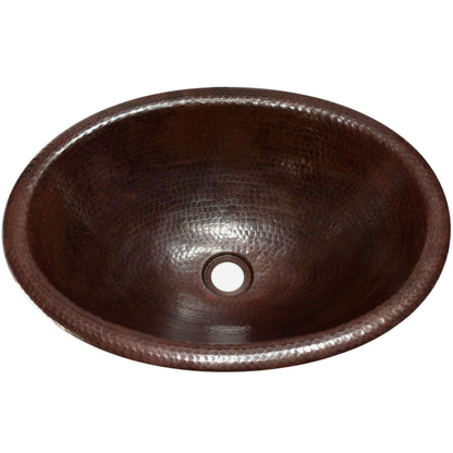 Top view of Novatto oval rolled rim antique copper drop-in bathroom sink, traditional style with smooth finish and rounded edges.