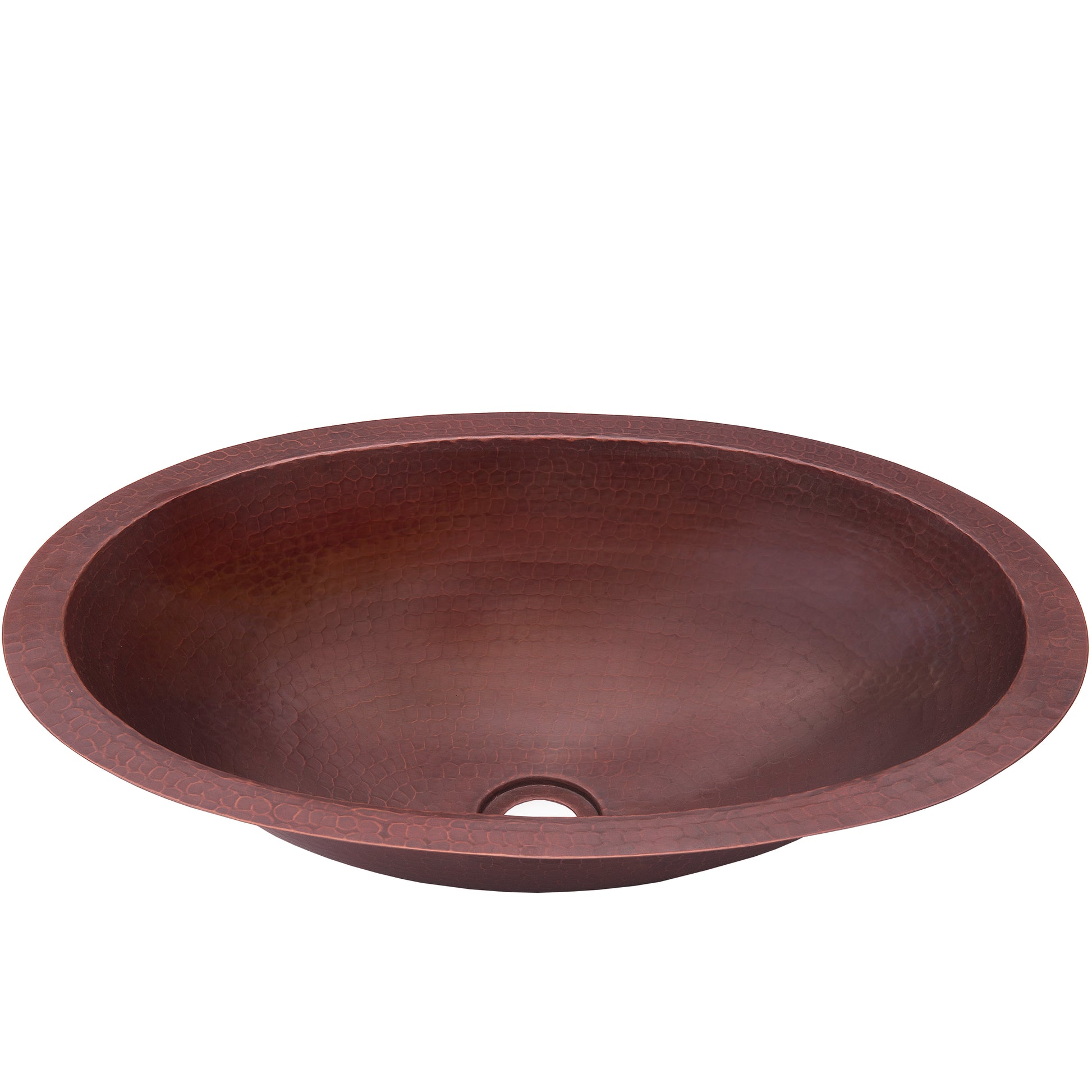 Traditional oval copper undermount bath sink by Novatto in antique finish, shown from a three-quarter view.