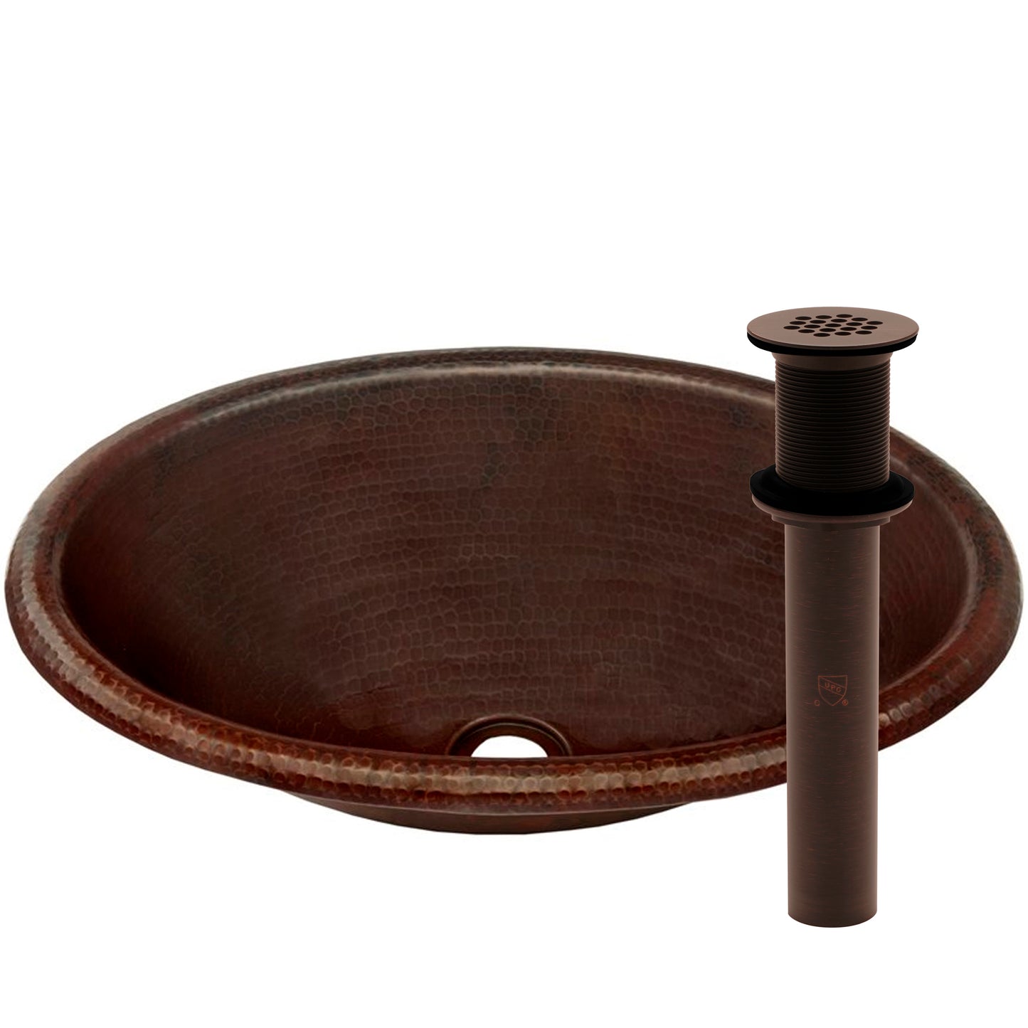 Small oval copper drop-in bathroom sink in antique finish by Novatto, featuring a transitional style with a smooth, polished surface.