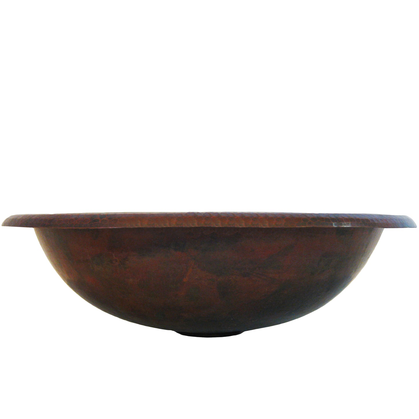 Small oval copper drop-in bathroom sink in antique finish by Novatto, side view showcasing the transitional design.