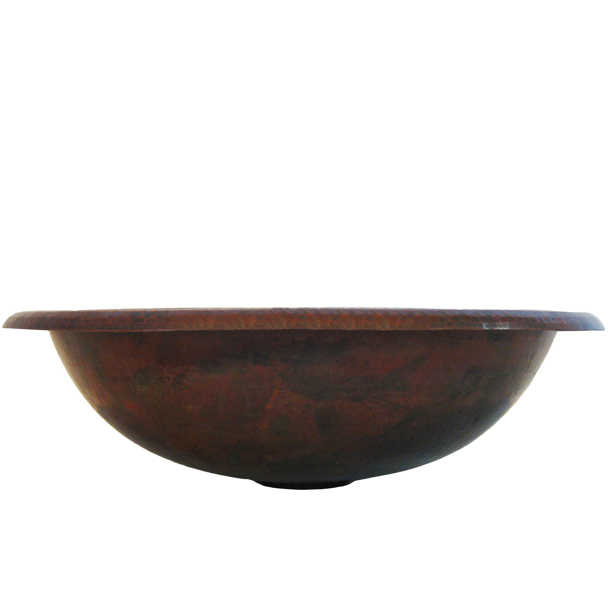 Small oval copper drop-in bathroom sink in antique finish by Novatto, side view showcasing the transitional design.