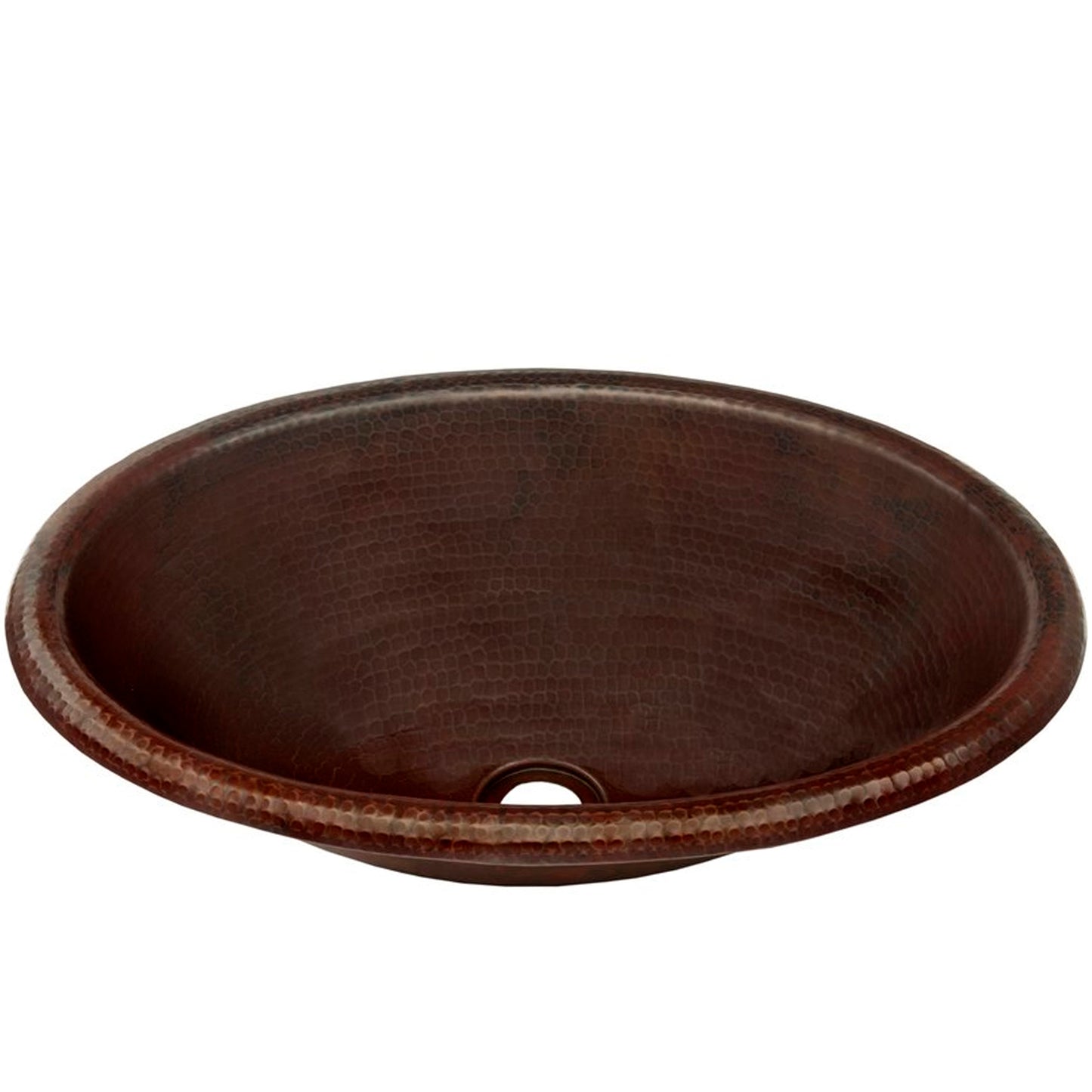 Small oval copper drop-in bathroom sink in antique finish, transitional style by Novatto, shown from a three-quarter view.