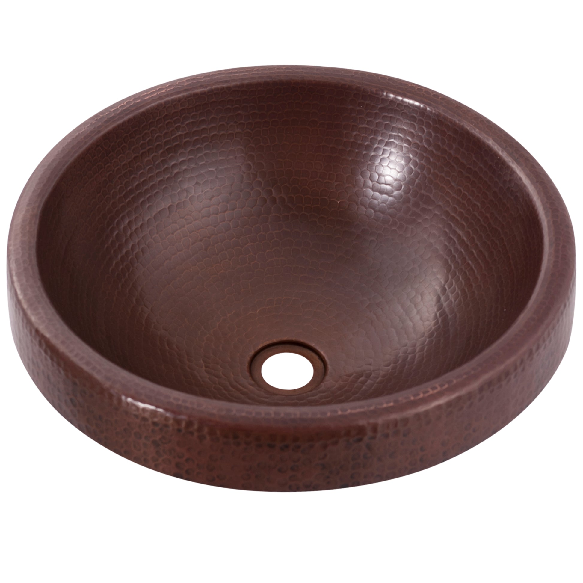 Round copper drop-in bathroom sink by Novatto with antique finish, featuring a traditional design and front view.