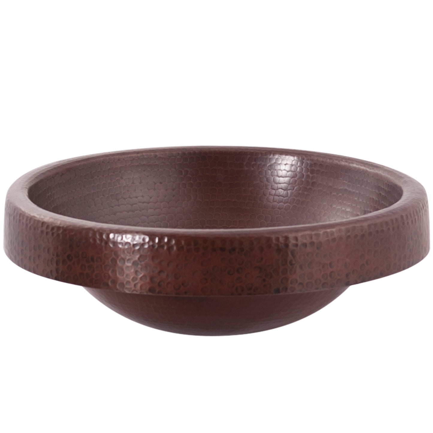 Traditional round copper drop-in bathroom sink by Novatto in antique finish, side view showing smooth, rounded basin design.