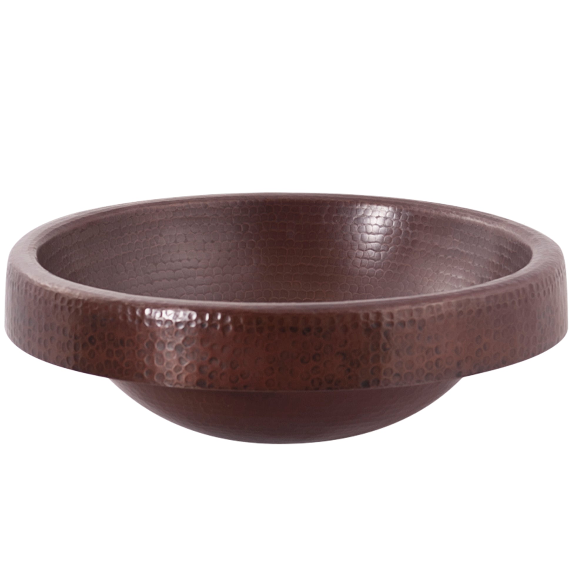 Traditional round copper drop-in bathroom sink by Novatto in antique finish, side view showing smooth, rounded basin design.