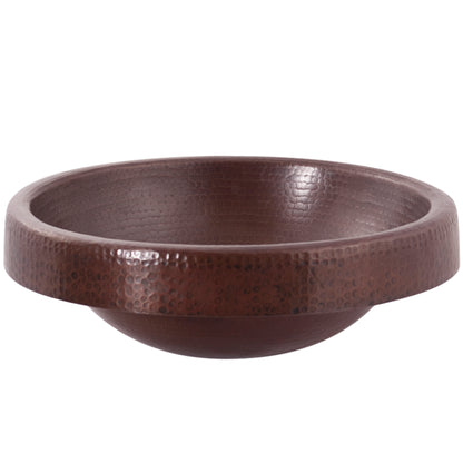 Traditional round copper drop-in bathroom sink by Novatto in antique finish, side view showing smooth, rounded basin design.