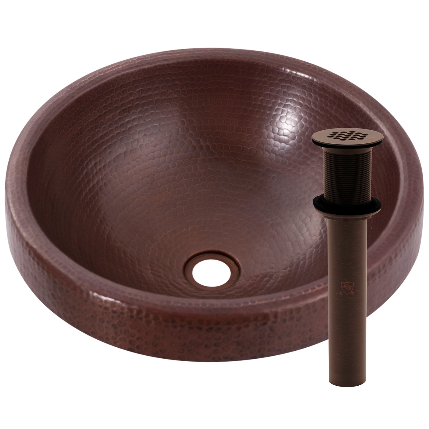 Traditional round copper drop-in bathroom sink by Novatto with antique finish, side view showing drain and strainer.