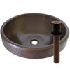 round copper drop-in bath sink with strainer drain, antique finish