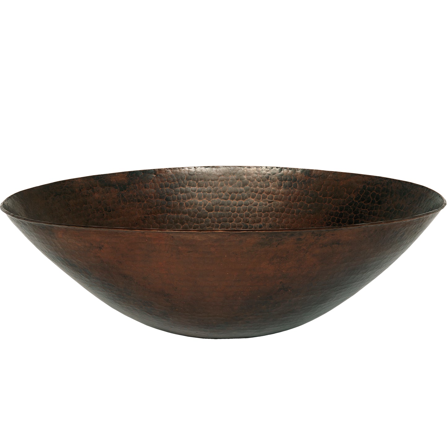 Side view of Novatto oval hammered copper vessel bath sink in antique finish, traditional bathroom fixture with a smooth, curved design.