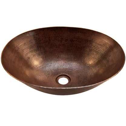 Three-quarter view of Novatto oval hammered copper vessel bathroom sink in antique finish, traditional style with elegant curves.