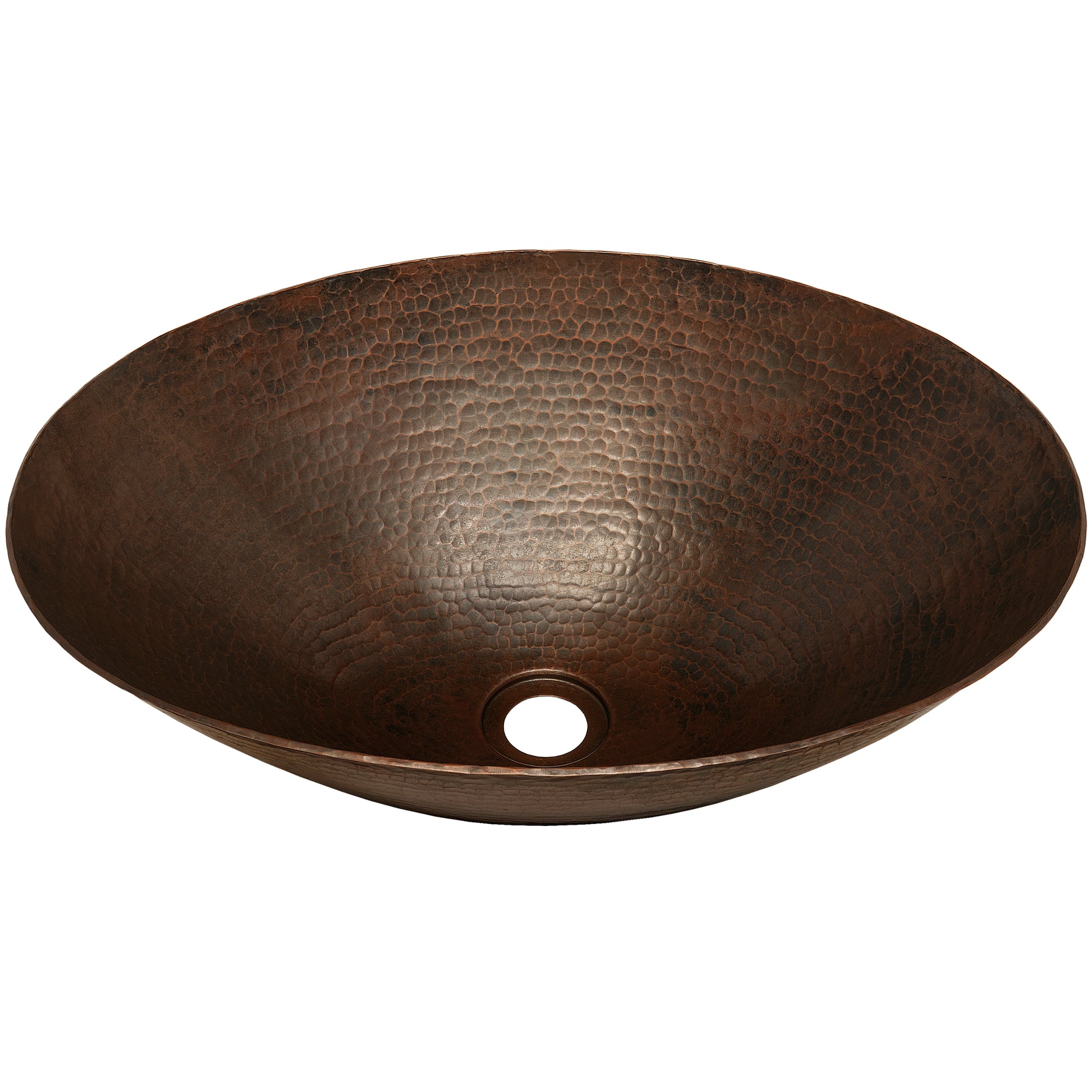 Traditional oval hammered copper bathroom sink by Novatto, antique finish, three-quarter view showcasing the vessel design.