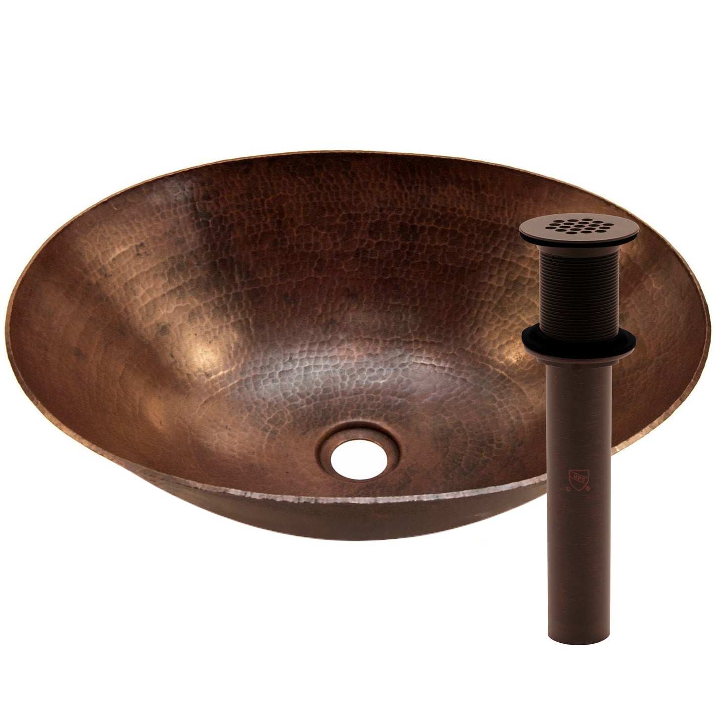 Oval hammered copper vessel bath sink in antique finish by Novatto, traditional bathroom sink with a rustic, hammered design.