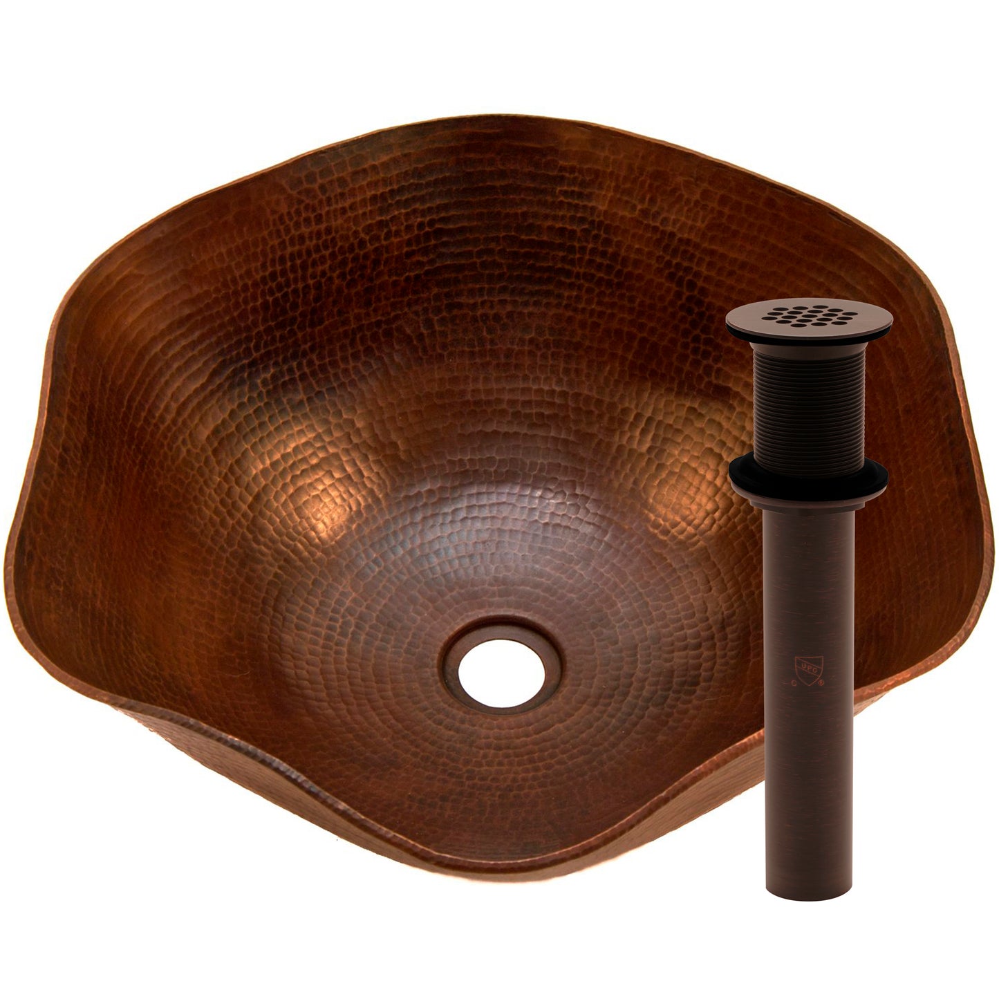 Traditional hammered copper vessel sink with scalloped edges in antique finish by Novatto, includes drain and strainer.