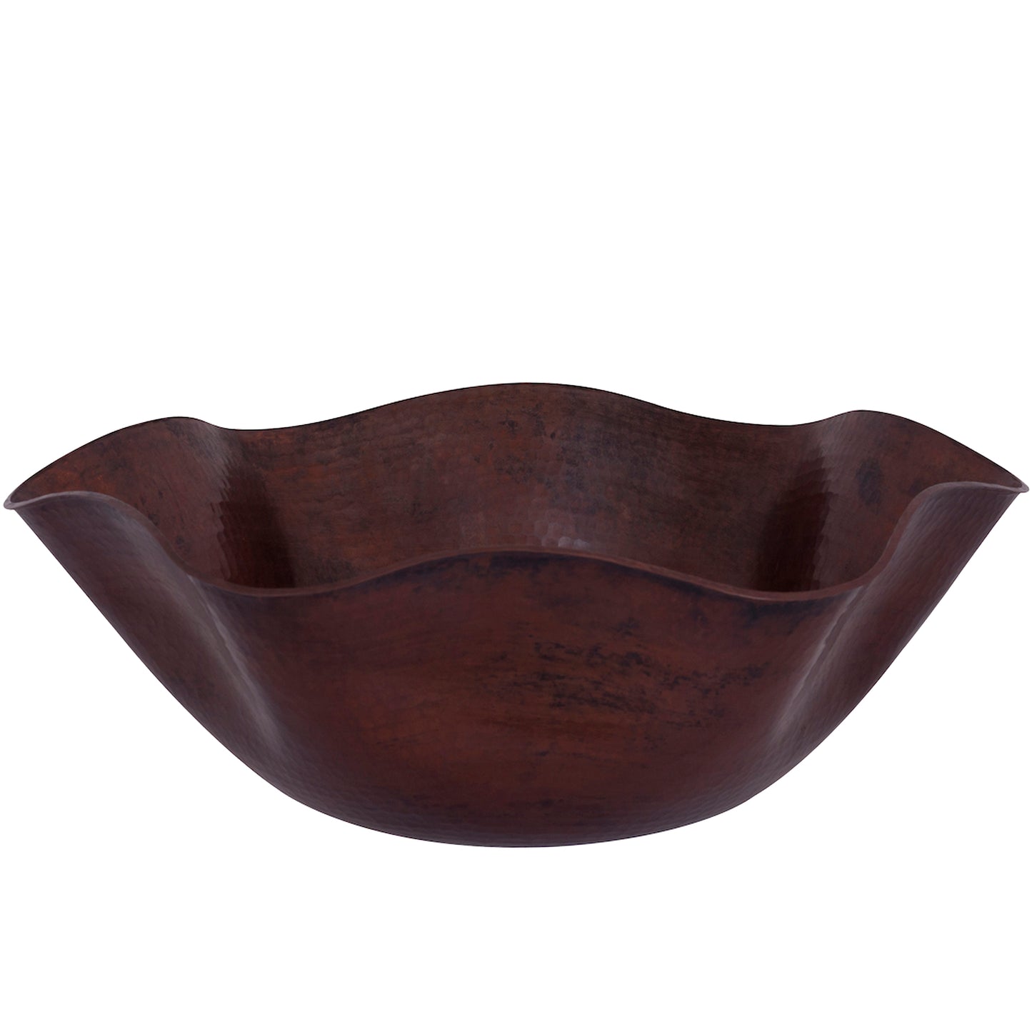 Side view of Novatto scalloped hammered copper vessel sink in antique finish, traditional bathroom sink design.