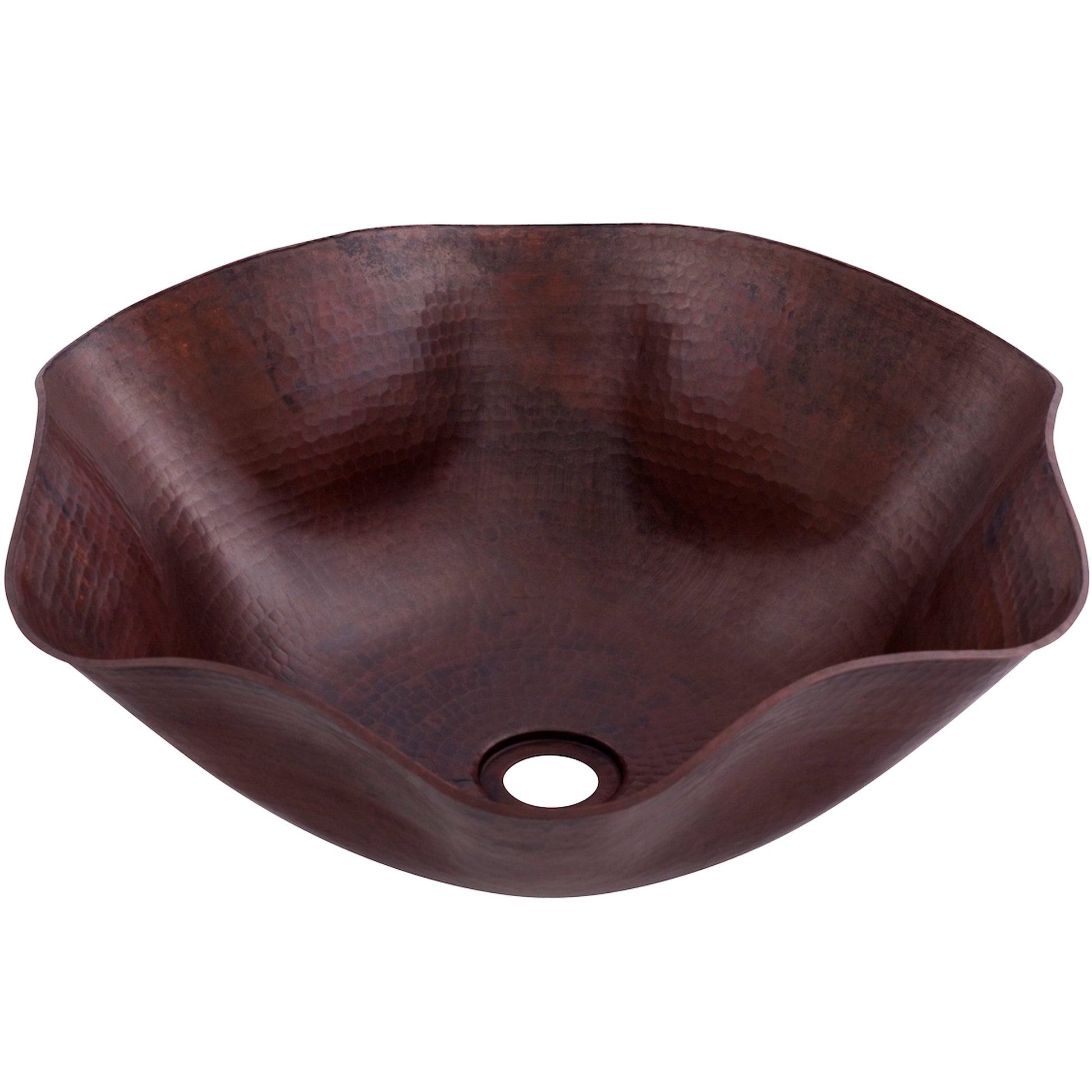 Traditional hammered copper vessel sink with scalloped edges in antique finish by Novatto, shown from a three-quarter view.