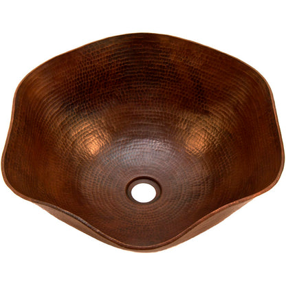 Top view of Novatto scalloped hammered copper vessel sink in antique finish, traditional bathroom sink design.