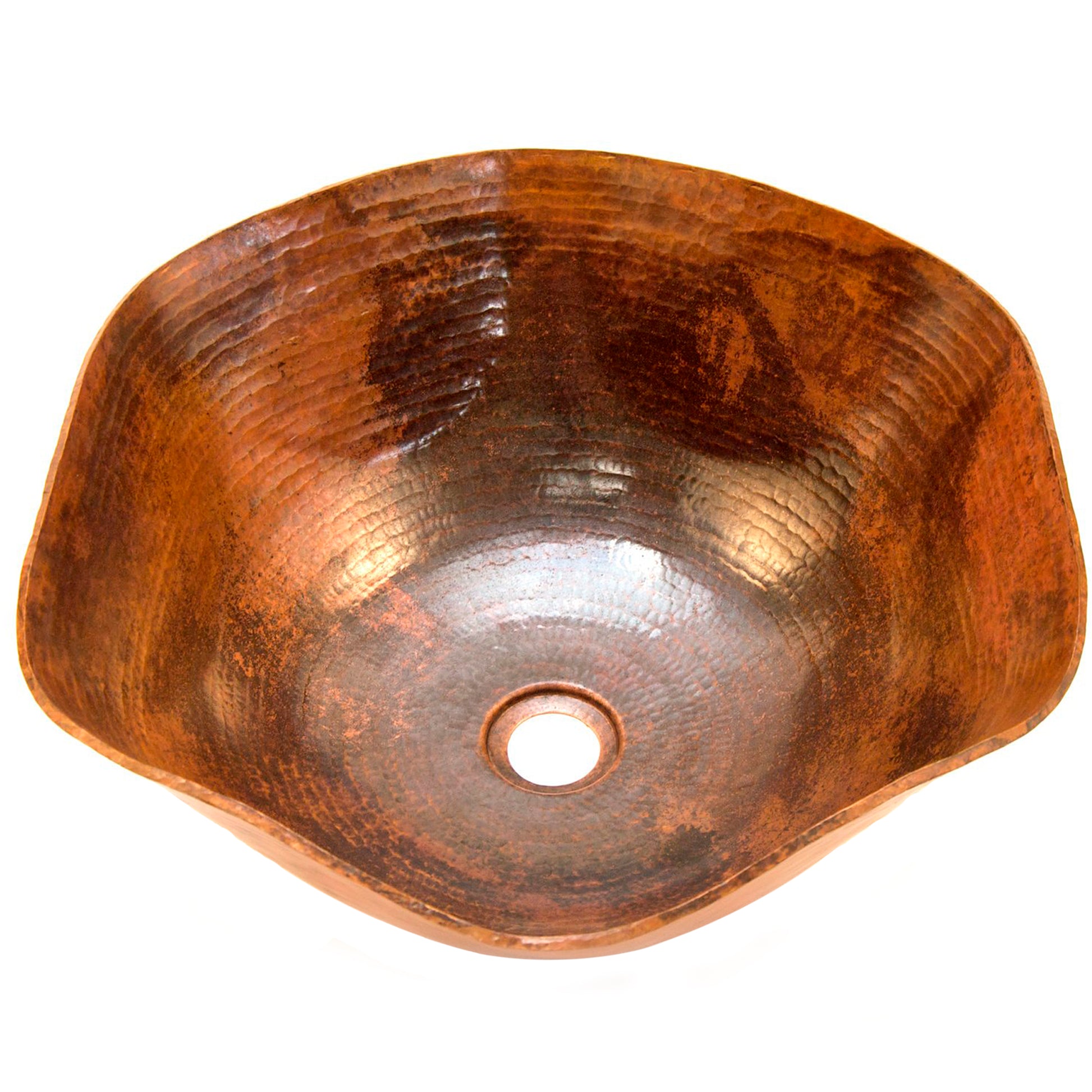Traditional hammered copper vessel sink with scalloped edges in natural finish, top view showing textured surface and elegant design.