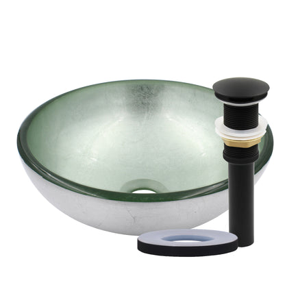 12" mini silver glass vessel sink with pop-up drain, matte black