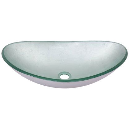 Modern silver foiled oval tempered glass vessel bathroom sink by Novatto, front side view showing sleek design and reflective surface.