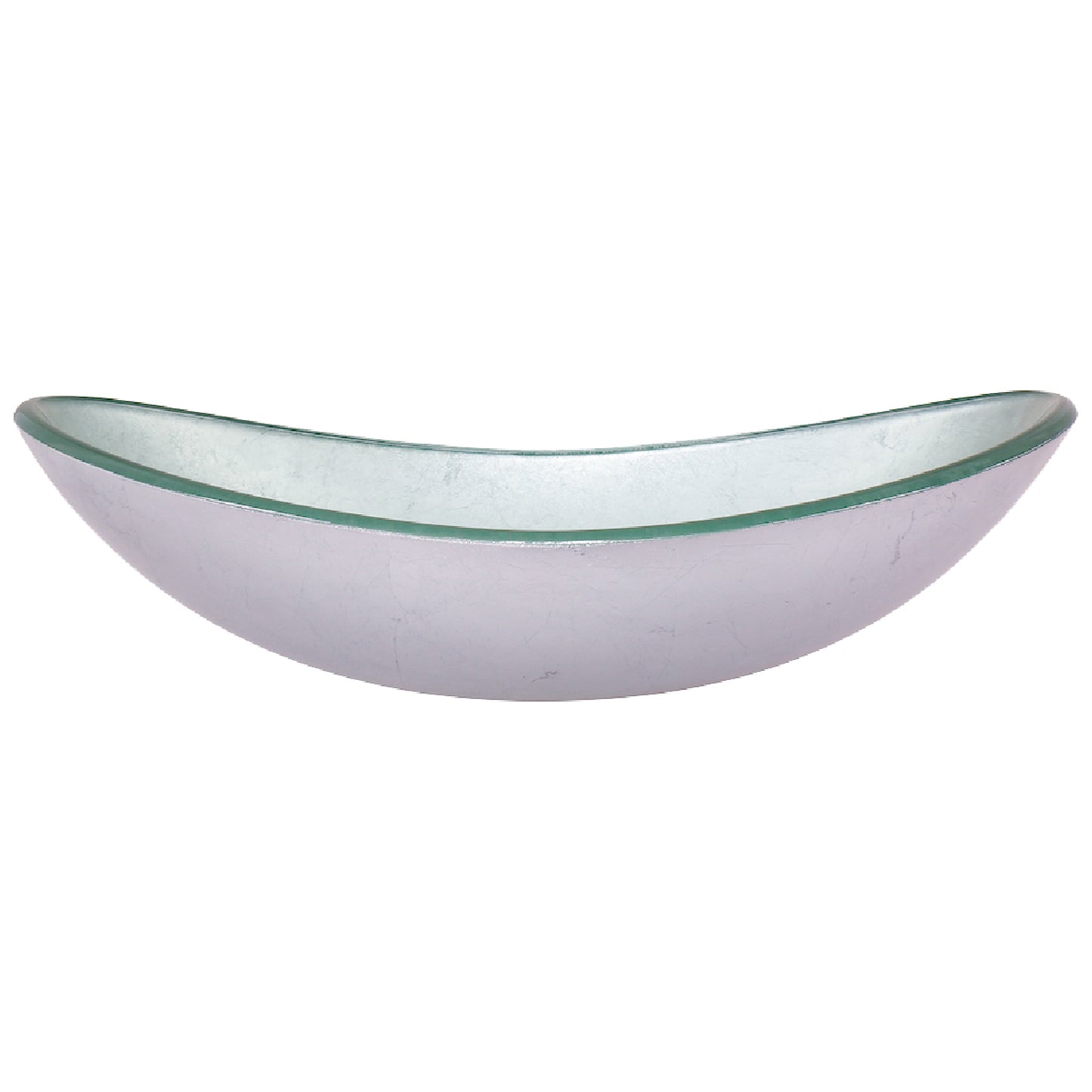 Side view of Novatto Silver Foiled Oval Tempered Glass Vessel Bathroom Sink, modern design for contemporary bathrooms.