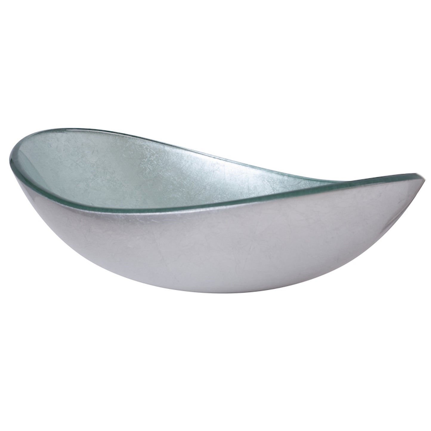 Modern silver foiled oval tempered glass vessel bathroom sink by Novatto, three-quarters side view.