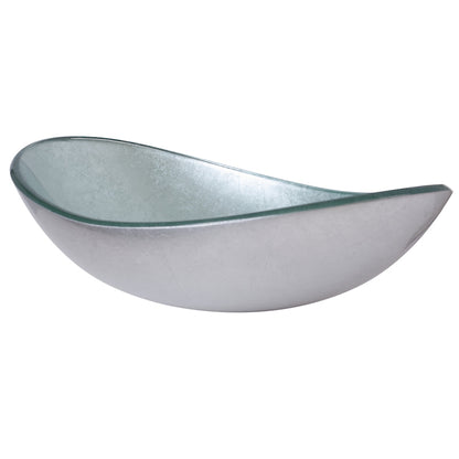 Modern silver foiled oval tempered glass vessel bathroom sink by Novatto, three-quarters side view.