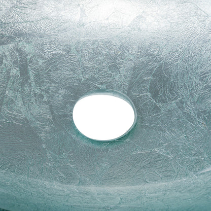 Modern silver foiled oval tempered glass vessel bathroom sink by Novatto, with a sleek, shiny oval design perfect for contemporary bathrooms.