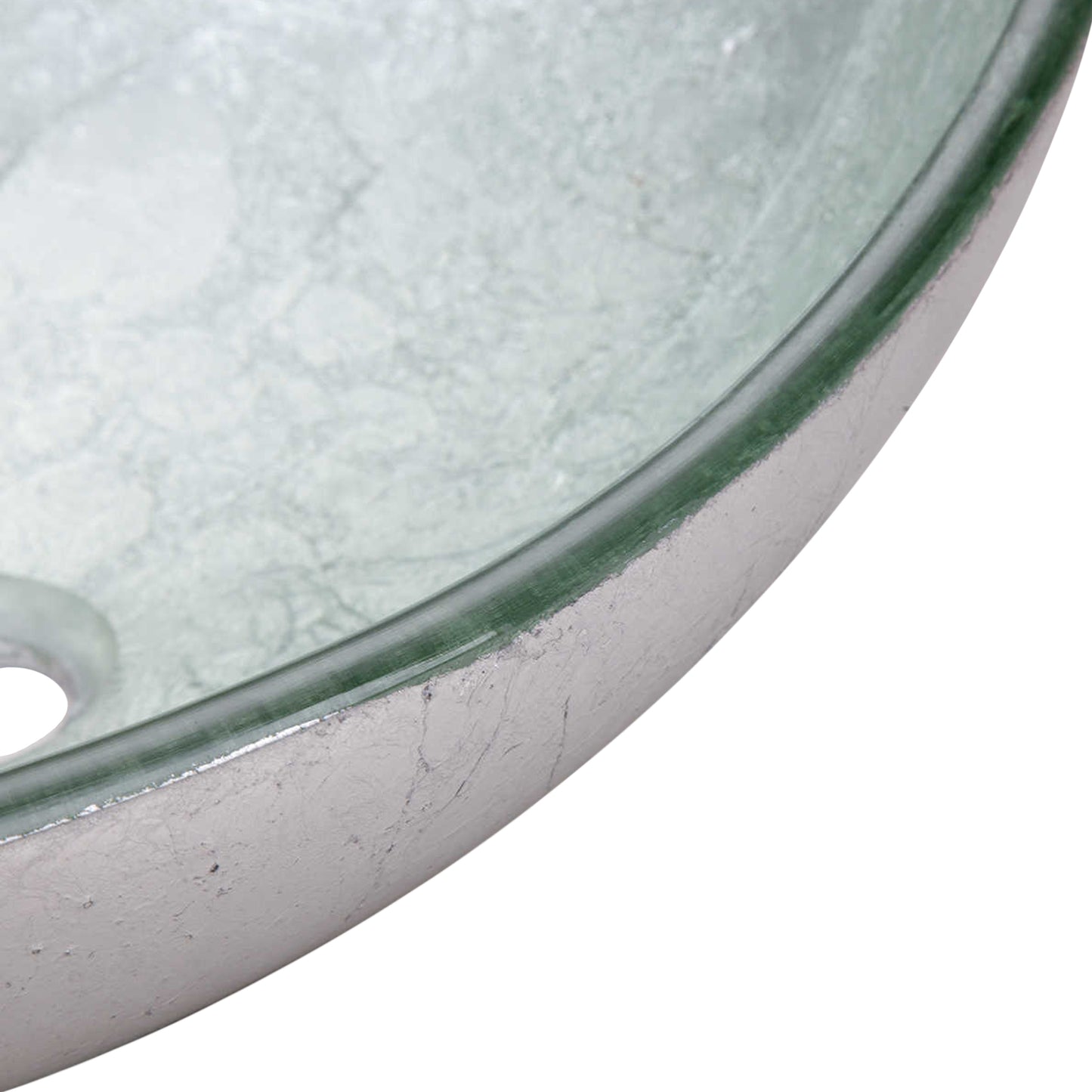 Modern silver foiled oval tempered glass vessel bathroom sink by Novatto, shown from a top and side view.