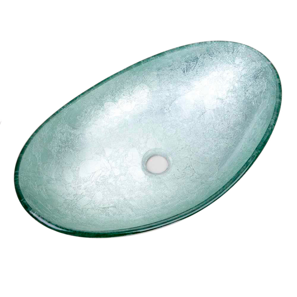 Modern silver foiled oval tempered glass vessel bathroom sink by Novatto, top view showing sleek design and reflective surface.