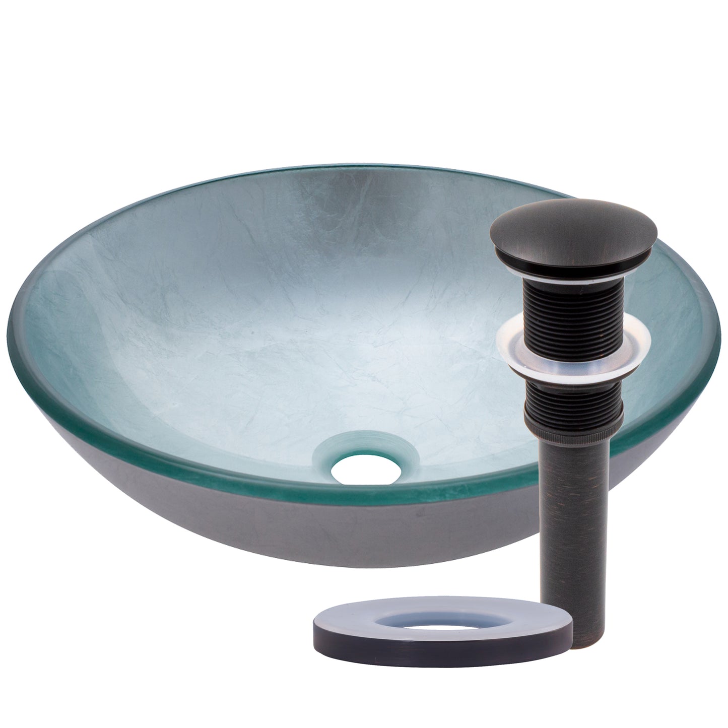 Silver Foiled Round Glass Vessel Bath Sink with pop-up drain in oil rubbed bronze