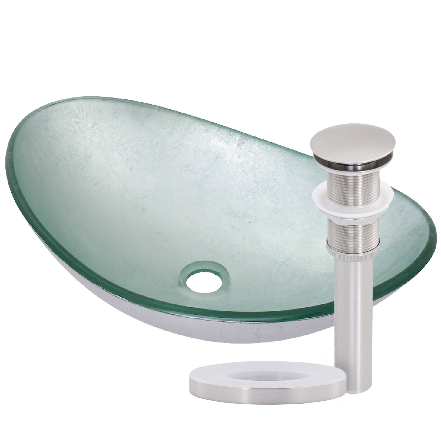 Modern silver foiled oval tempered glass vessel bathroom sink by Novatto, stylish and durable for contemporary bathrooms.