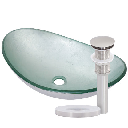 Modern silver foiled oval tempered glass vessel bathroom sink by Novatto, stylish and durable for contemporary bathrooms.