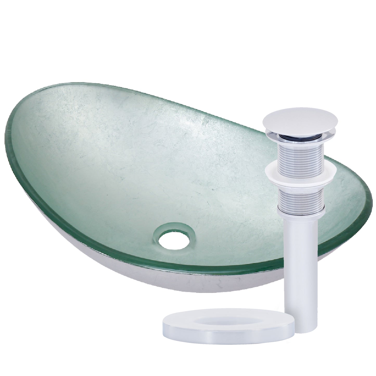 Modern silver foiled oval tempered glass vessel bathroom sink by Novatto, showcasing a sleek, reflective surface and elegant oval shape.