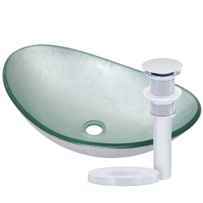 Modern silver foiled oval tempered glass vessel bathroom sink by Novatto, showcasing a sleek, reflective surface and elegant oval shape.
