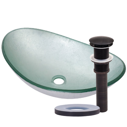 Modern silver foiled oval tempered glass vessel bathroom sink by Novatto, featuring a sleek, contemporary design.