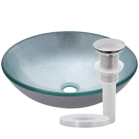 Silver foiled round tempered glass vessel sink by Novatto, modern bathroom fixture with sleek design and reflective finish.