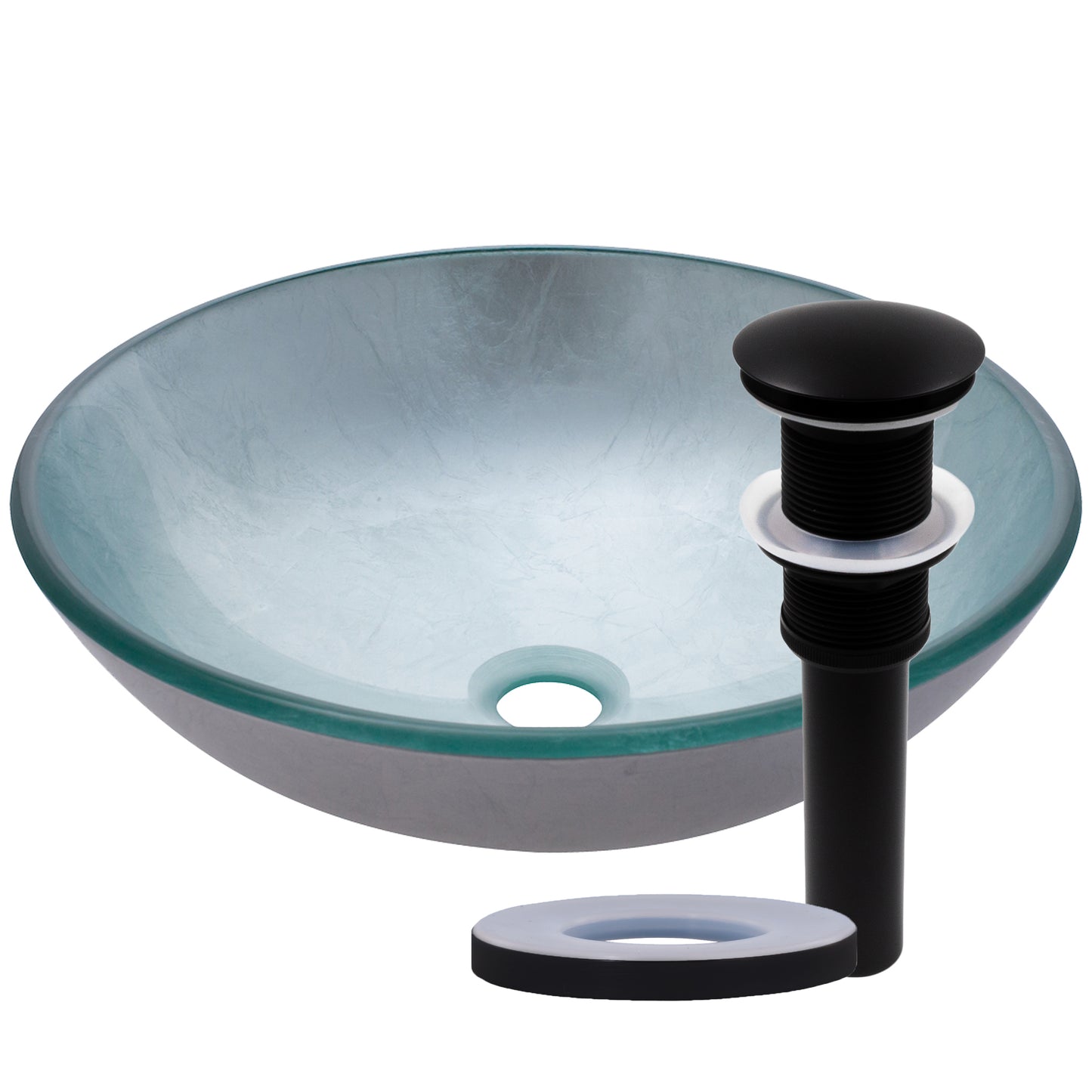 Silver Foiled Round Glass Vessel Bath Sink with pop-up drain in matte black